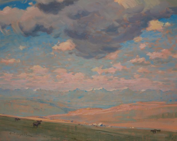 Oil painting of prairie landscape with mountains and a dramatic cloudy but blue sky in distance; small animals and buildings in mid ground.