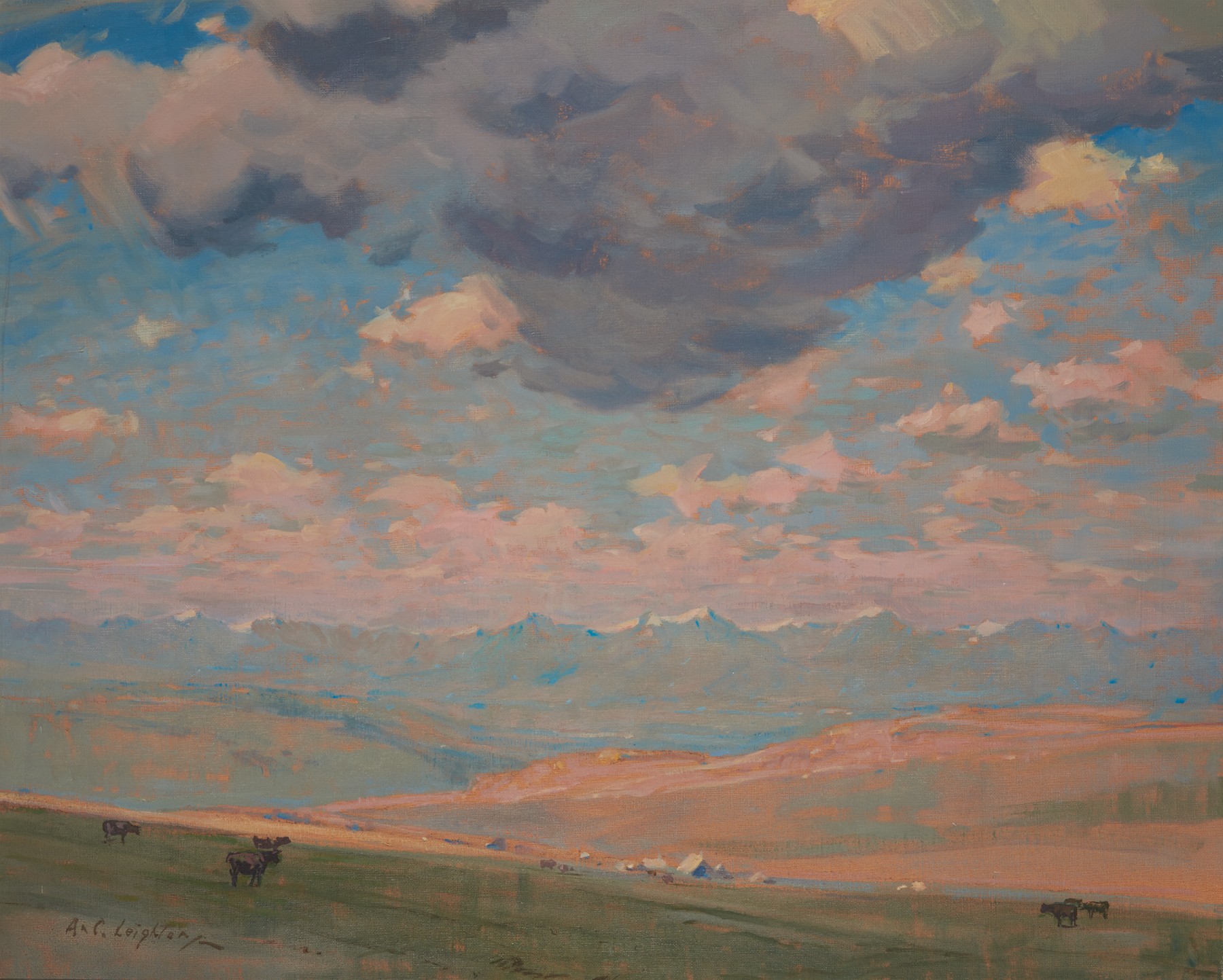 Oil painting of prairie landscape with mountains and a dramatic cloudy but blue sky in distance; small animals and buildings in mid ground.