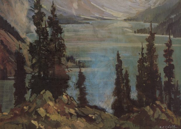 Oil painting of a lake in a mountain valley with trees and rocks in the foreground.