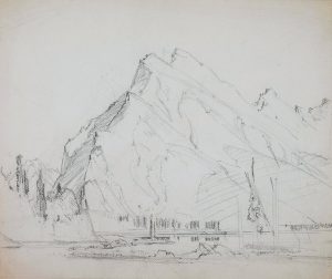 Croquis au crayon d’une montagne avec de l’eau au premier plan.