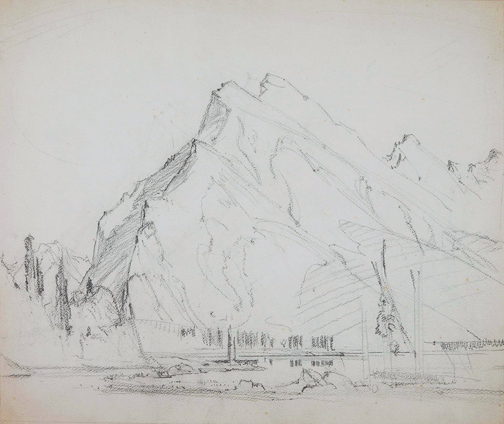 Pencil sketch of a mountain with water in the foreground.