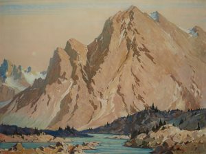 Peinture à l’huile d’une montagne avec une rivière au premier plan.