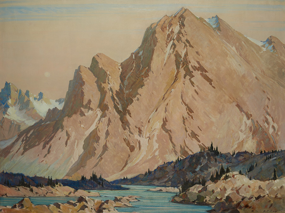 Oil painting of a mountain with river in the foreground.