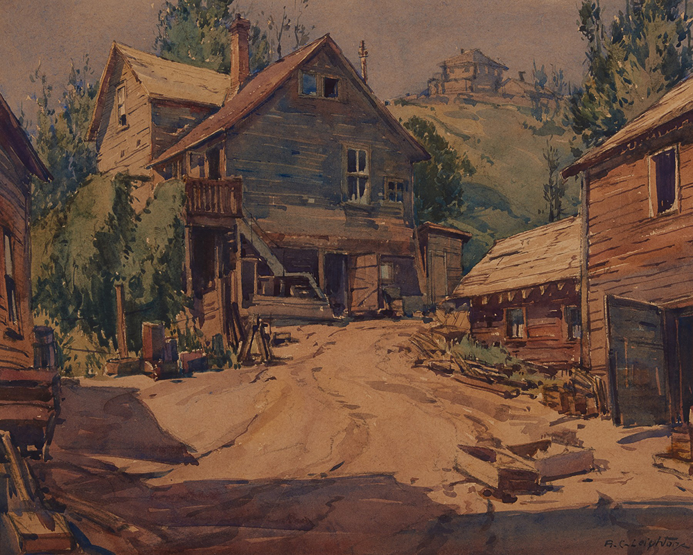 Watercolour painting of old clapboard buildings with a pathway between them and ascending up a hill.