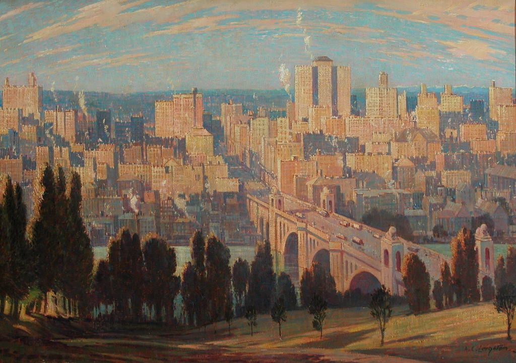 Oil painting overlooking city at sunrise with bridge and river between city and treed green space below viewpoint.