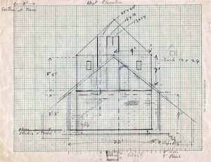 Architectural drawing on grid paper of a tall, peaked building with notes and measurements.