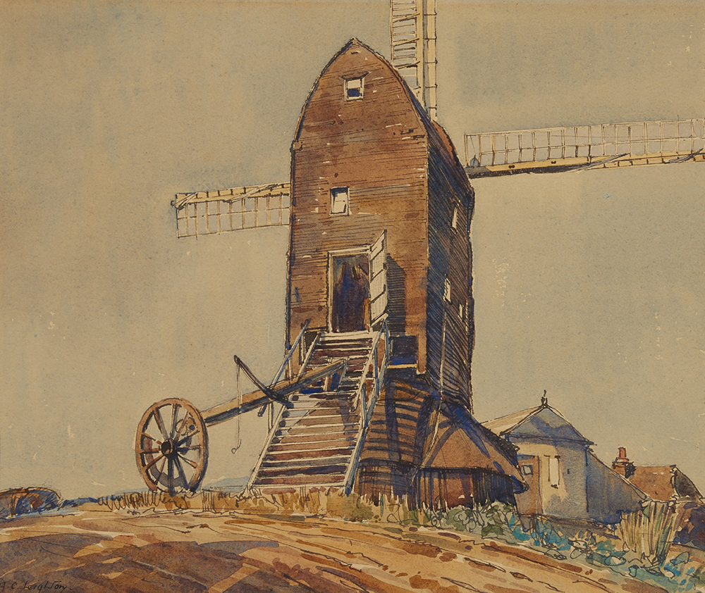 Watercolour painting of an English windmill on a hill.