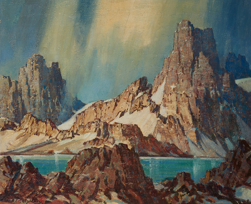 Oil painting of tall mountains and dramatic sky with a lake and rocks in the foreground.