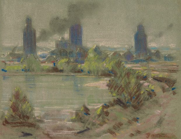Pastel drawing with small lake in the foreground and an industrial town with grain elevators in the background.