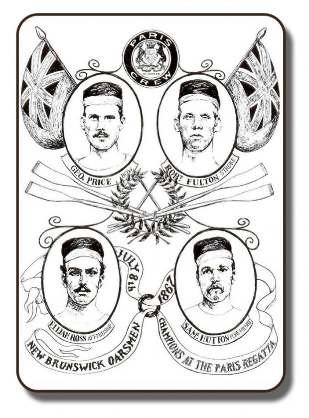 An image of the official induction portrait used by the New Brunswick Sports Hall of Fame. This black and white sketched image features each of the four members in four oval shapes each of the four corners. At the centre is a fig leaf crown and two sets of oars crossing in the middle. Atop of the image is the Paris Crew crest, flanked by two British Commonwealth flags which were used at the time of the Paris Crew in 1867. Under each of the individual team members is their name and rowing position. A flowing ribbon has the words July 8, 1867, New Brunswick Oarsmen, Champions at the Paris Regatta.
