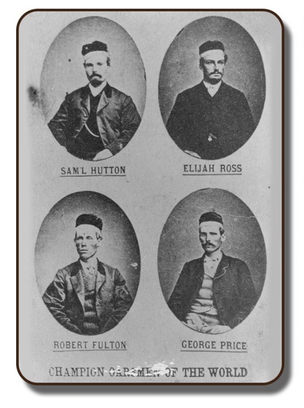 An image of the official induction portrait used by the Canadian Rowing Hall of Fame. This black and white photographed image features each of the four members in four oval shapes each of the four corners. They are each wearing formal clothing from that time period, the quality of the photograph do not provide much details, however they are all wearing their signature rowing caps that were worn at their win in Paris in 1967. Under each of the individual team members is their name underlined. At the bottom are the words Champion Oarsmen of the World.