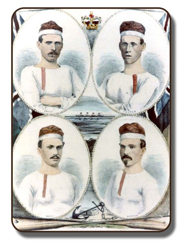 An image of the official induction portrait used by Canada's Sports Hall of Fame. This colourized sketched image features each of the four members in four oval shapes at each of the four corners. They are each wearing their signature rowing caps and a white long-sleeve shirt with a single red vertical strip detail on the front. At the centre are the four members rowing together in a rowing scull. Atop of the image is a crown flanked by two British Commonwealth flags which were used at the time of the Paris Crew in 1867. Under each of the individual team members is their last name. At the bottom is a black anchor with a chain.