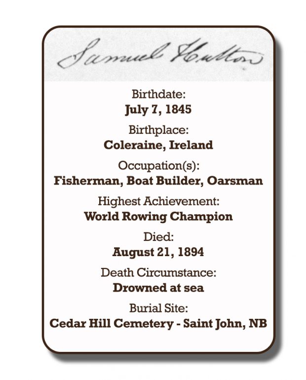 Image of an infographic with details pertaining to Samuel Hutton. From top to bottom the information includes: his signature and his birthplace which was Coleraine, Ireland on July 7, 1845. Followed by his occupation with was Fishman, Oarsman, and Boat-builder. His highest achievement which was World Rowing Champion. The date of his death is August 21, 1894 and the circumstances of his death was drowned at sea. His burial site is Cedar Hill Cemetery in Saint John, New Brunswick.