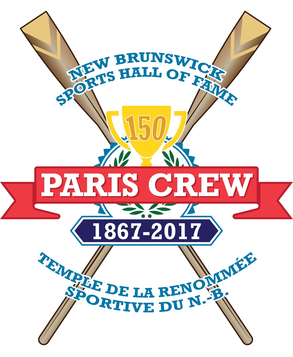 Commemorative 150th anniversary logo of the Paris Crew created and used by the New Brunswick Sports Hall of Fame. The colours and style used are similar to the New Brunswick Sports Hall logo, which was used for promotional purposes. The image is of two rowing oars positioned in the shape of an ex. Placed overtop is a crest with yellow trophy with 150 engraved on the front. There is a red ribbon on either side of the trophy with Paris Crew written on it and 1867 to 2017 on a blue pennant below. The bilingual name for the New Brunswick Sports Hall of Fame encircles the crest.
