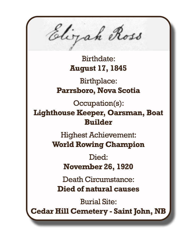 Image of an infographic with details pertaining to Elijah Ross. From top to bottom the information includes: his signature and his birthplace which was Parrsboro, Nova Scotia on August 17, 1845. Followed by his occupation with was Lighthouse Keeper, Oarsman, and Boat Builder. His highest achievement which was World Rowing Champion. The date of his death is November 26, 1920 and the circumstances of his death was natural causes. His burial site is Cedar Hill Cemetery in Saint John, New Brunswick.