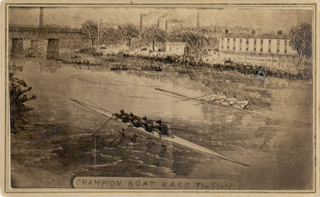 An artist sketch of the rowing crew from Saint John, New Brunswick during one of their races at the International Rowing Regatta in Paris, France. In the foreground their competitors are dressed in black and the Saint John crew is in white. Since the race took place in Paris, there are a number of buildings along the shore line, presumably used for water-based industry, and a bridge passing over the river. Along the bottom of the sketch is a banner that reads 