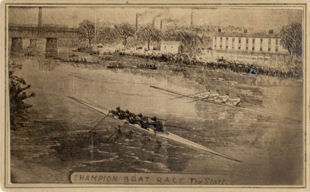 An artist sketch of the rowing crew from Saint John, New Brunswick during one of their races at the International Rowing Regatta in Paris, France. In the foreground their competitors are dressed in black and the Saint John crew is in white. Since the race took place in Paris, there are a number of buildings along the shore line, presumably used for water-based industry, and a bridge passing over the river. Along the bottom of the sketch is a banner that reads Champion Boat Race. The Start.