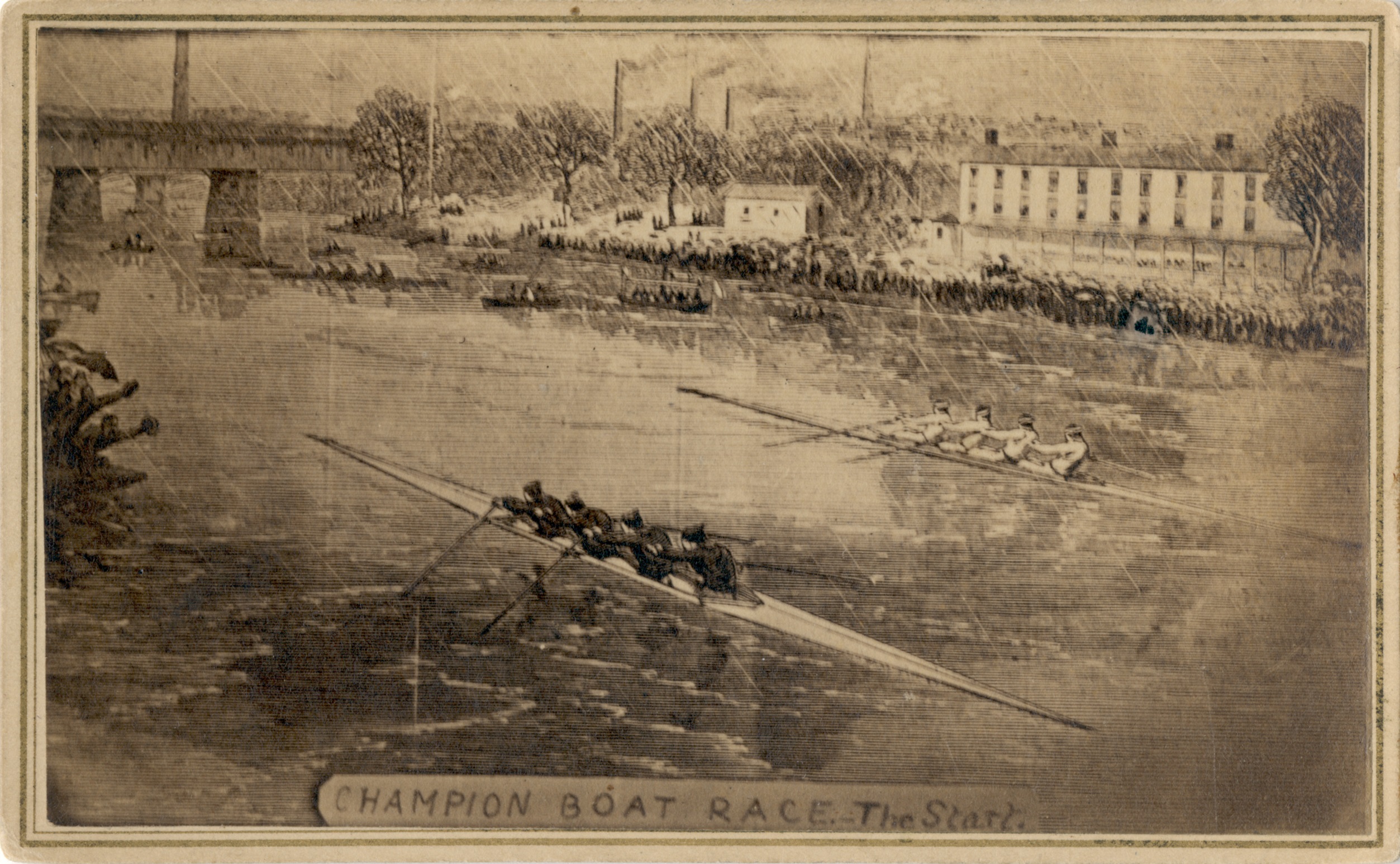 An artist sketch of the rowing crew from Saint John, New Brunswick during one of their races at the International Rowing Regatta in Paris, France. In the foreground their competitors are dressed in black and the Saint John crew is in white. Since the race took place in Paris, there are a number of buildings along the shore line, presumably used for water-based industry, and a bridge passing over the river. Along the bottom of the sketch is a banner that reads "Champion Boat Race. The Start."