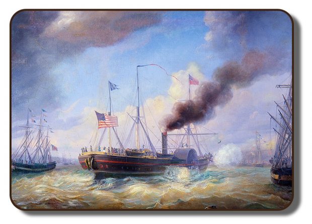 Image of colorized painting of the steamer ship The Atlantic that would have transported the members of the Paris Crew team on their transatlantic journey from North America to Europe. The ship itself is brown with red accents along the hull, there are three masts and an external turbine on its side. The ocean waves are a mixture of blues and brown, with billowing white clouds. Three other ships are accompanying The Atlantic in the portrait sporting various flags from different nations, as well as nautical flags used during that time to identify the vessels.