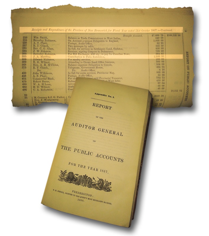 An image of a book titled Report of the Auditor General on The Public Accounts for the year 1867. A secondary image depicts that same book opened and highlights a particular entry in relation to the Paris Crew. Item number 305 in the ledger shows a $2,500 financial contribution was made to Sherriff J. A. Harding for entry into the exhibition in Paris.