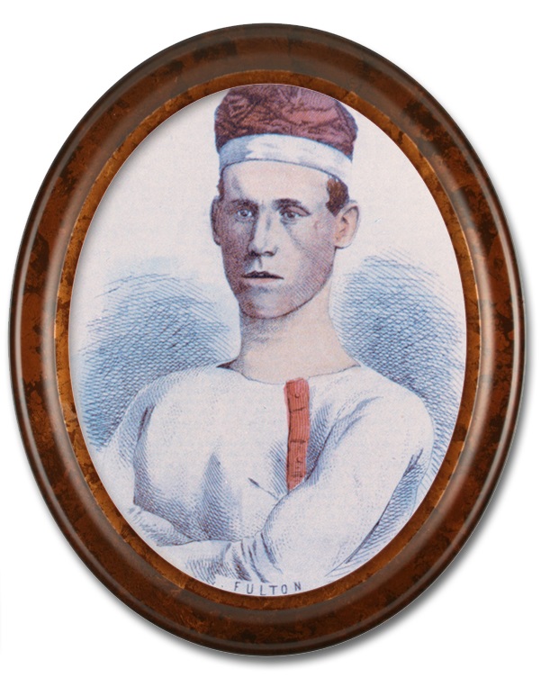 Image of a colourized sketched portrait of Robert Fulton, a team member of the Paris Crew. There is a high gloss oval wooden frame around the portrait. Fulton is wearing a white long-sleeve shirt, with red buttons and is also wearing their signature rowing cap.