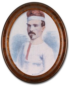 Image of a colourized sketched portrait of Samuel Hutton, a team member of the Paris Crew. There is a high gloss oval wooden frame around the portrait. Hutton is wearing a white long-sleeve shirt, with red buttons and is also wearing their signature rowing cap.