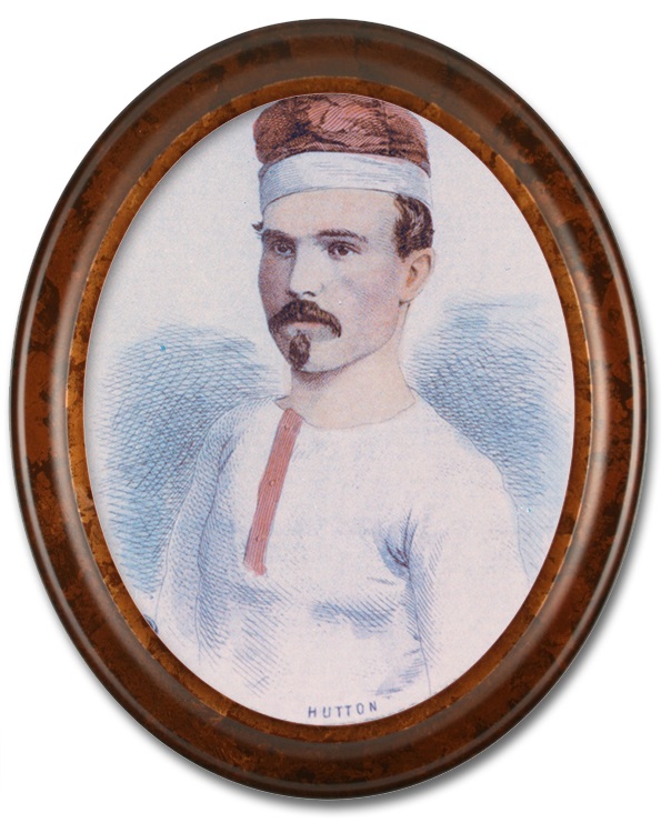 Image of a colourized sketched portrait of Samuel Hutton, a team member of the Paris Crew. There is a high gloss oval wooden frame around the portrait. Hutton is wearing a white long-sleeve shirt, with red buttons and is also wearing their signature rowing cap.