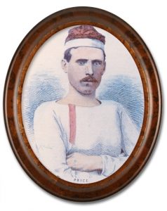 Image of a colourized sketched portrait of George Price, a team member of the Paris Crew. There is a high gloss oval wooden frame around the portrait. Price is wearing a white long-sleeve shirt, with red buttons and is also wearing their signature rowing cap.