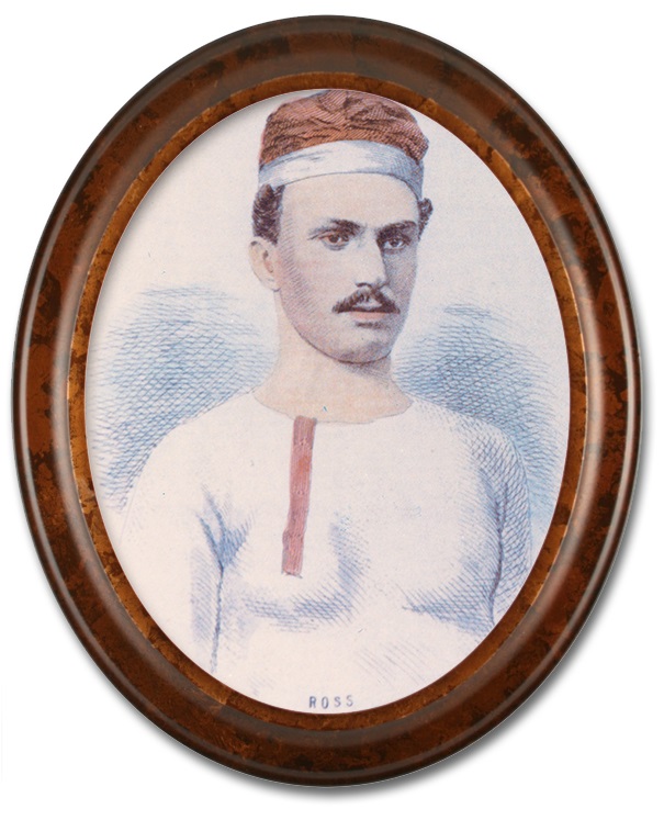 Image of a colourized sketched portrait of Elijah Ross, a team member of the Paris Crew. There is a high gloss oval wooden frame around the portrait. Ross is wearing a white long-sleeve shirt, with red buttons and is also wearing their signature rowing cap.