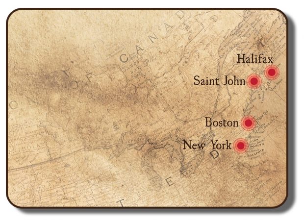 Image of an antique map of the eastern seaboard of North America, including as far north as Nova Scotia and as far south as Virginia. Four key port cities are identified including Halifax Nova Scotia, Saint John New Brunswick, Boston Massachusetts and New York City.