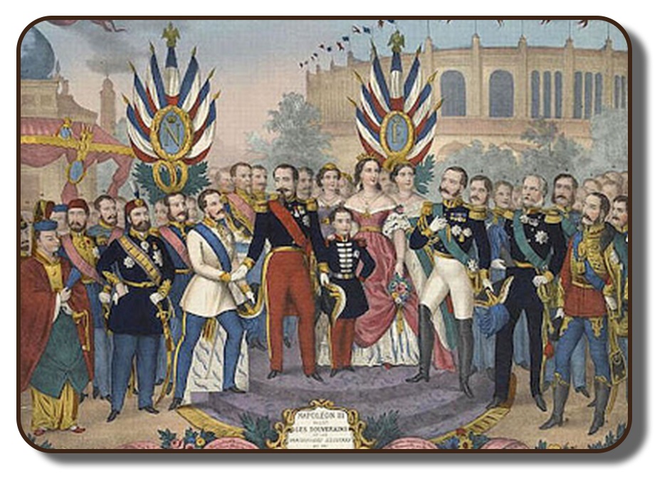 Image of a colourized sketch of French leader Napoleon during the Opening Ceremonies of the International Rowing Regatta in July of 1867. This artist's rendering depicts a group of dignitaries present at the exhibition, each wearing traditional clothing from their respective countries and time-period. Behind those in the image shows a portion of the exhibition building behind several trees that would have lined the streets of Paris at that time.