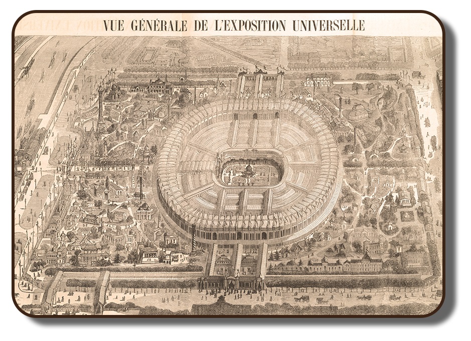 Image of the aerial view of Paris France with the exhibition grounds in the centre. This sketch depicts the circular building within the grounds that occupies one square city block, with two main entrances in the front and rear, at each entrance is a gate with a covered entry way into the building. Within the circular building is an uncovered central atrium area. Within the city block that occupies the grounds are also many other buildings which are too small to identify from the height the artist chose. There is another entrance into and out of the building which presumably was used for direct access to the adjacent river, where the competitions were held.