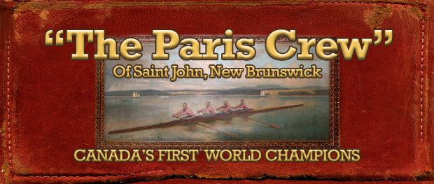 Image of a coloured sketch of the Paris Crew team rowing on a body of water together in a four-person rowing scull. The sketch is placed on the cover of red leather photo album. The stitching and binding of the cover is worn and frayed to give the impression of its age. Overlaid on this image are the words The Paris Crew of Saint John New Brunswick: Canada's First World Champions in gold lettering.