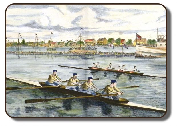 Image of a coloured painting depictting the Paris Crew, also known as the Carleton Crew prior to their winning at the International Rowing Regatta in Paris France in 1867, competing against the Tyne Crew. Both four-person rowing sculls are racing on a body of water with many spectators in the background. The Paris Crew is depicted in white shirts and red pants, while the Tyne Crew is wearing yellow shirts and blue rowing caps and matching pants. Along the banks are various buildings and another vessel is also docked with other spectators on the deck and the British flag is on its mast.