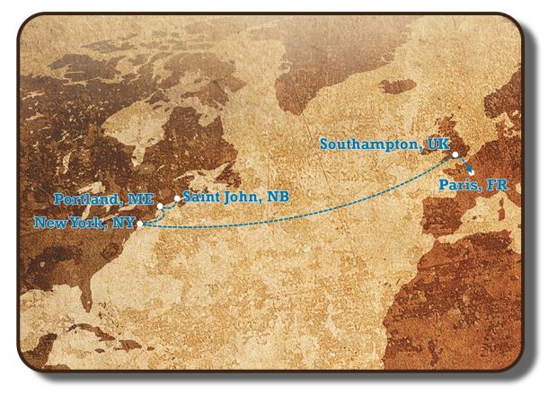 An image of an early map of the Atlantic Ocean with eastern North America on the left and western Europe and north-eastern Africa on the right. The destination ports that the Paris Crew would have visited on their Transatlantic journey from Saint John New Brunswick to Paris France are identified, with a dotted line connecting each of the cities.