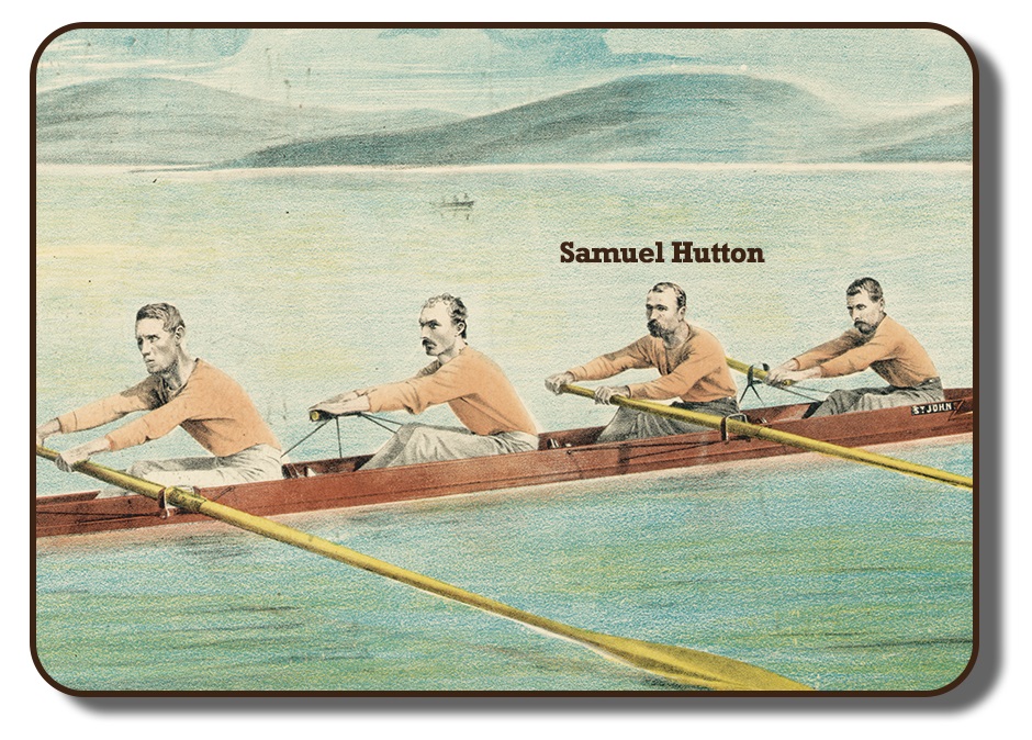 Image of a colourized sketch with the team members of the Paris Crew rowing together in their rowing scull on a body of water with faded hills in the background. This image has Samuel Hutton's name added into the photo signifying him from the others in the image, and showing him in the second position of the four. The men are wearing their signature flesh coloured long sleeve shirts and grey pants.