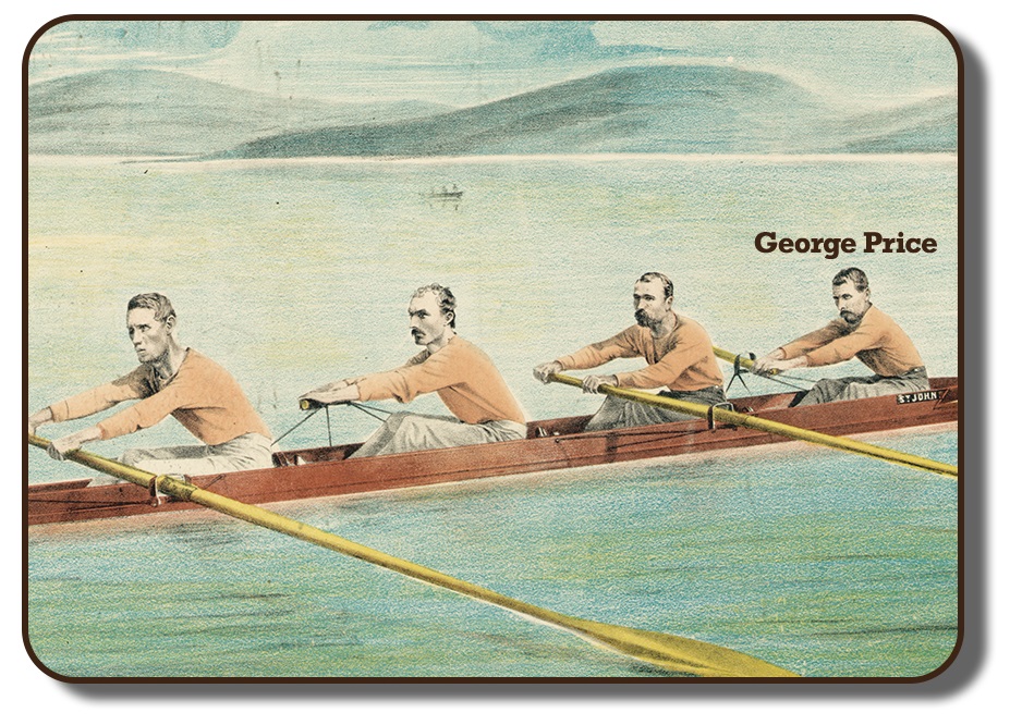 Image of a colourized sketch with the team members of the Paris Crew rowing together in their rowing scull on a body of water with faded hills in the background. This image has George Price's name added into the photo signifying him from the others in the image, and showing him in the first position of the four. The men are wearing their signature flesh coloured long sleeve shirts and grey pants.