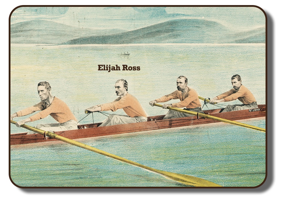 Croquis en couleur des membres de l’équipage de Paris ramant ensemble dans leur aviron sur un cours d’eau on voit des collines dans le flou d’arrière-plan On y indique le nom d’Elijah Ross le mettant ainsi en vedette et le montrant en 3e place Les hommes portent leur distinctif chandail à manches longues couleur chair et des pantalons gris