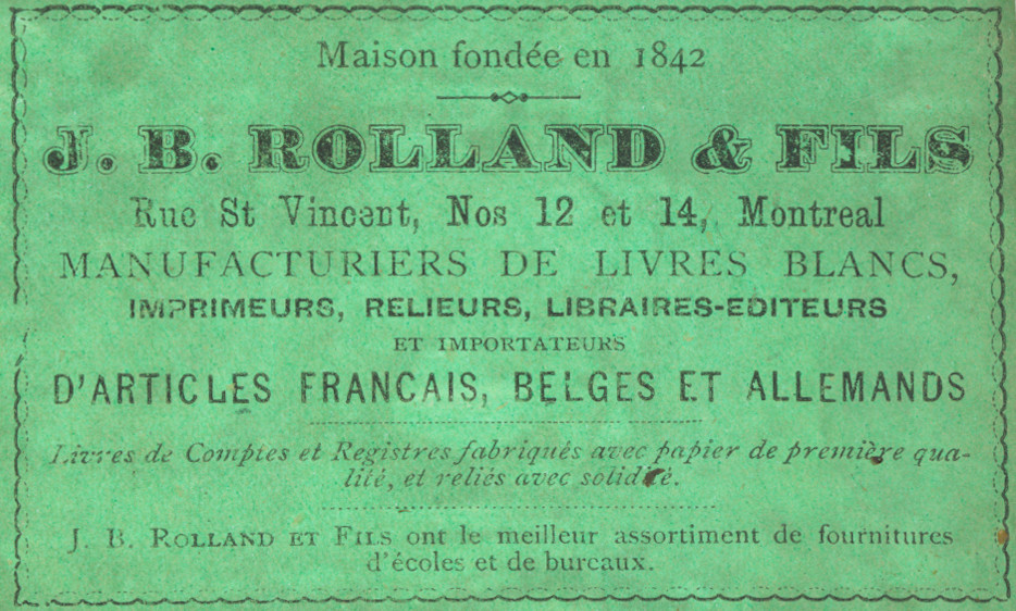 Image of a green-coloured rectangular label, with information including the bookshop’s address and goods available for sale.
