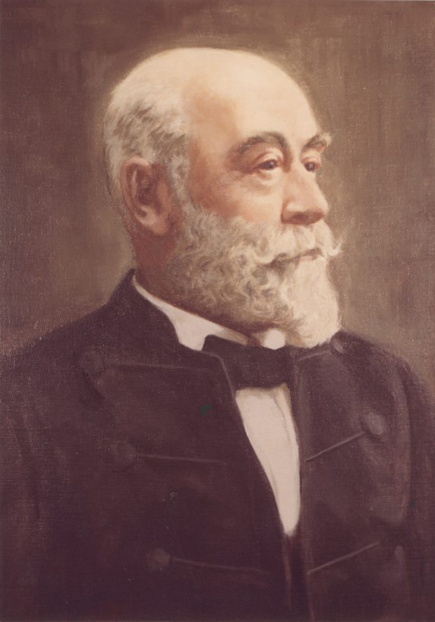 Colour painting of an older man with a white beard. He wears a white shirt with a bow tie and a black jacket over it.