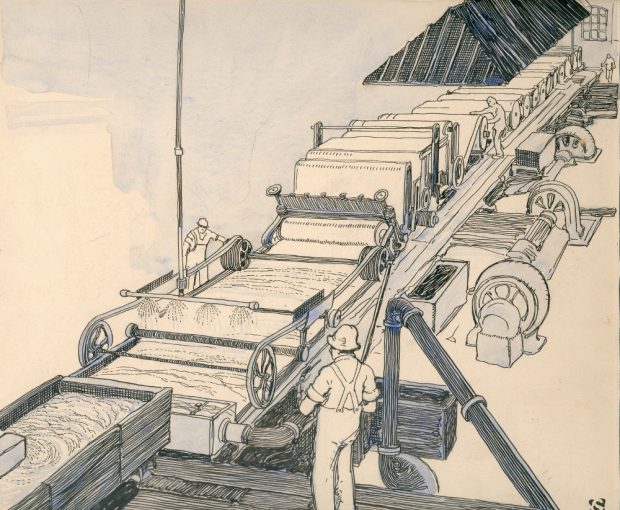Drawing of a paper-making machine, showing workers on either side of it, along with its various sections.