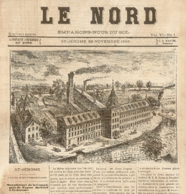 Article from Le Nord newspaper about the Saint-Jérôme mill, with a drawing of the facility.