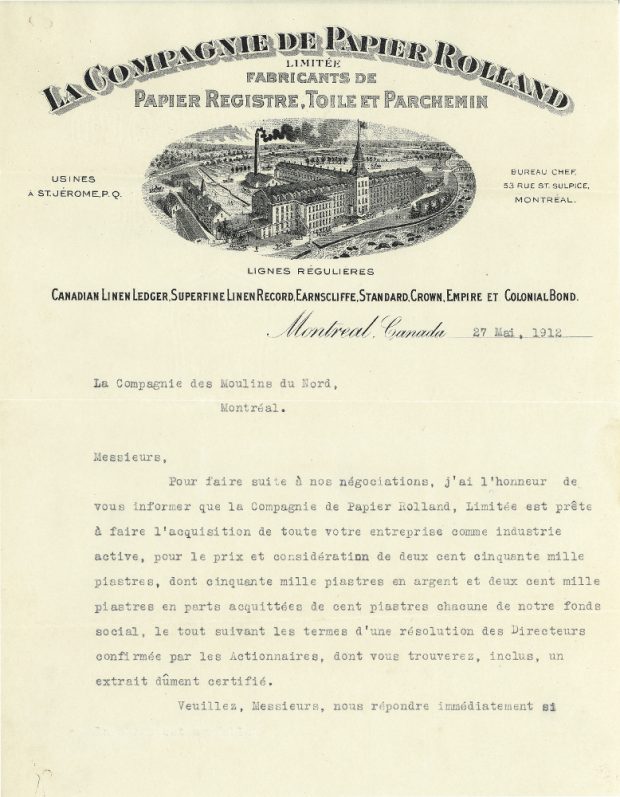 Typewritten letter on slightly yellowed paper. The name of the Compagnie Rolland Limitée appears at the top along with the address of its head office, an image of the plant, and the date of the letter. Below is the content of the letter.