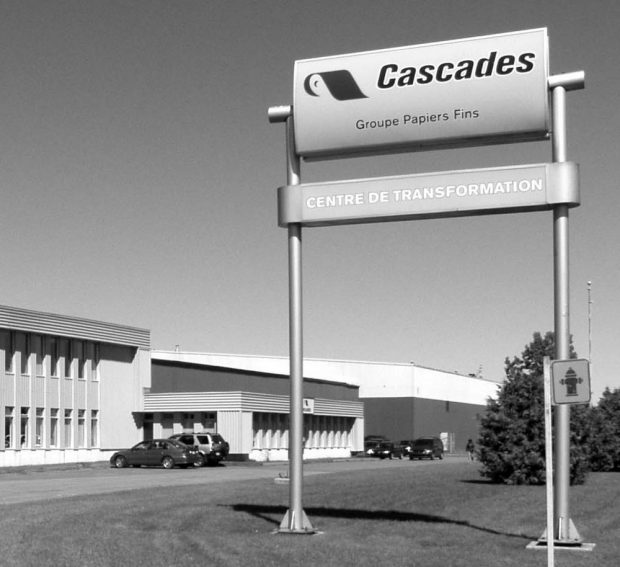 Black & white photograph of the sign in front of the Cascades Converting Centre.