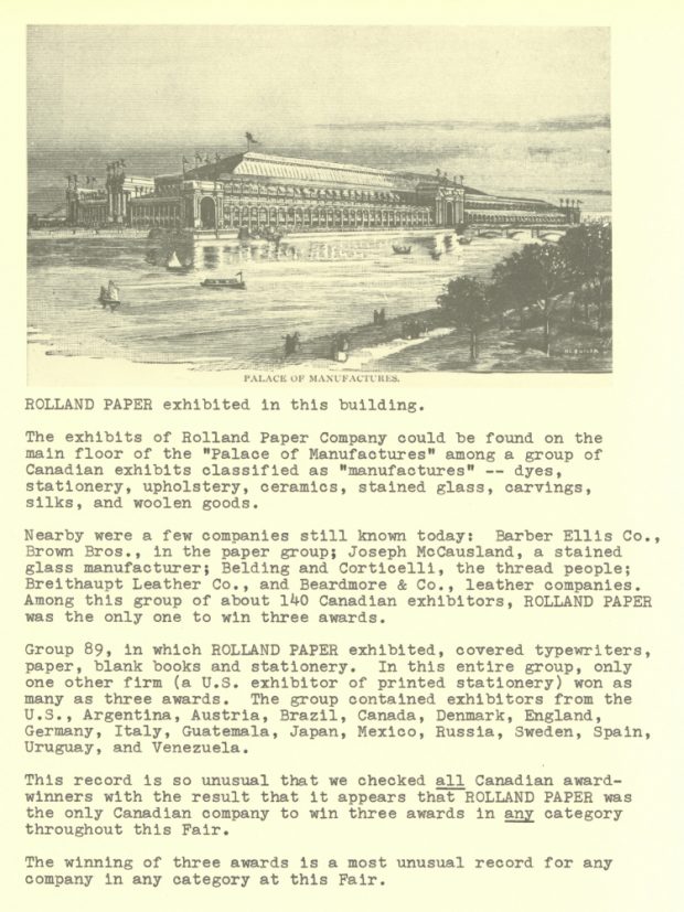 Letter in English on yellowed paper illustrating an imposing building, below which is information about the company’s participation in the fair.