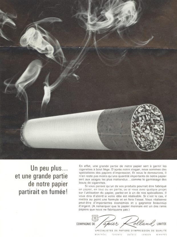Black & white poster showing a lit cigarette, with text providing information on the company’s products.