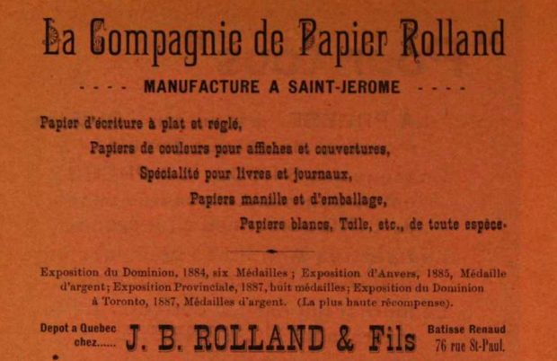 Advertisement listing the products made and sold by the Rolland Company and the J.B. Rolland & Fils bookshop. At bottom is a list of medals won between 1884 and 1887, following by the bookshop’s address.