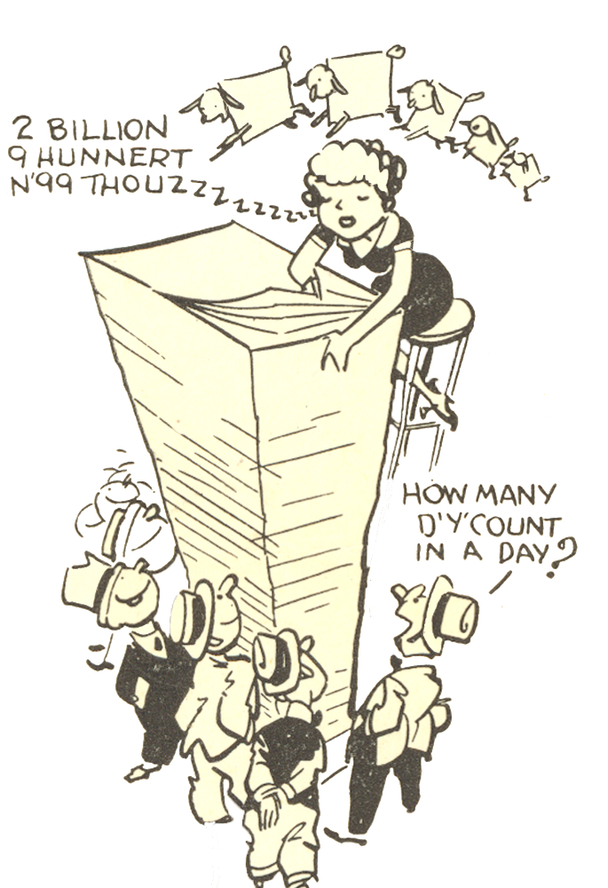 Black & white illustration showing a woman counting a large stack of paper, below which men watch her work.