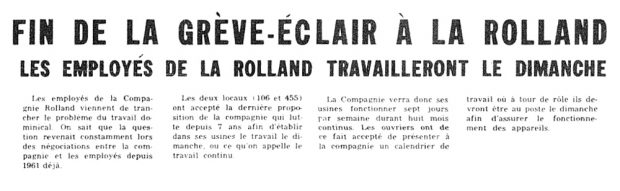 Newspaper headline in large print: “Lightning strike ends at La Rolland. Employees to work Sundays.” Paragraphs of the article follow.