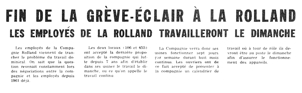 Newspaper headline in large print: “Lightning strike ends at La Rolland. Employees to work Sundays.” Paragraphs of the article follow.